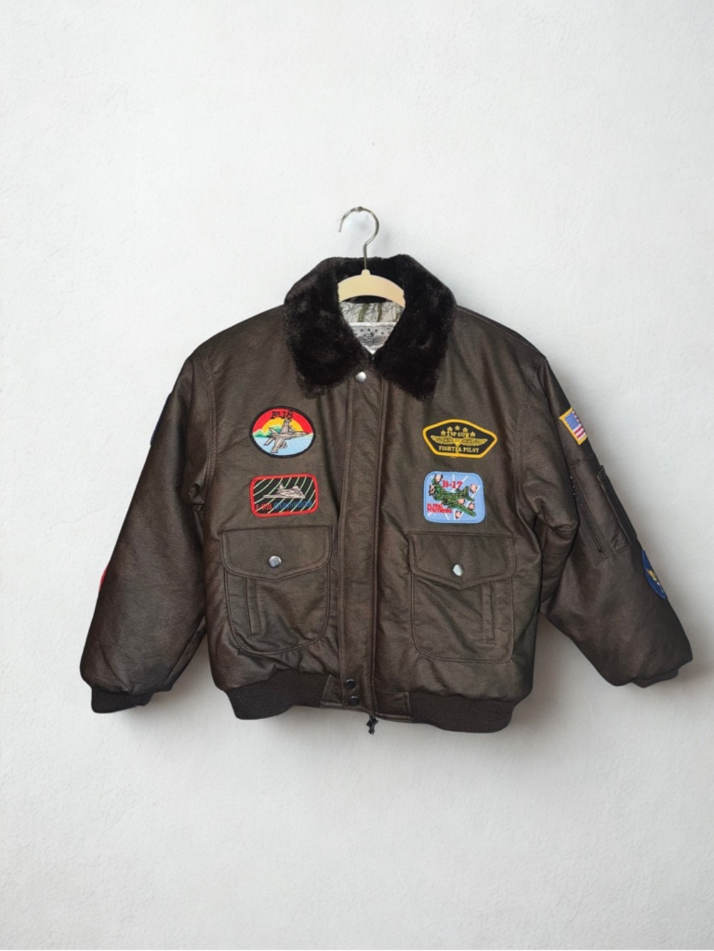 Boys Brown Bomber Jacket with Patch Details